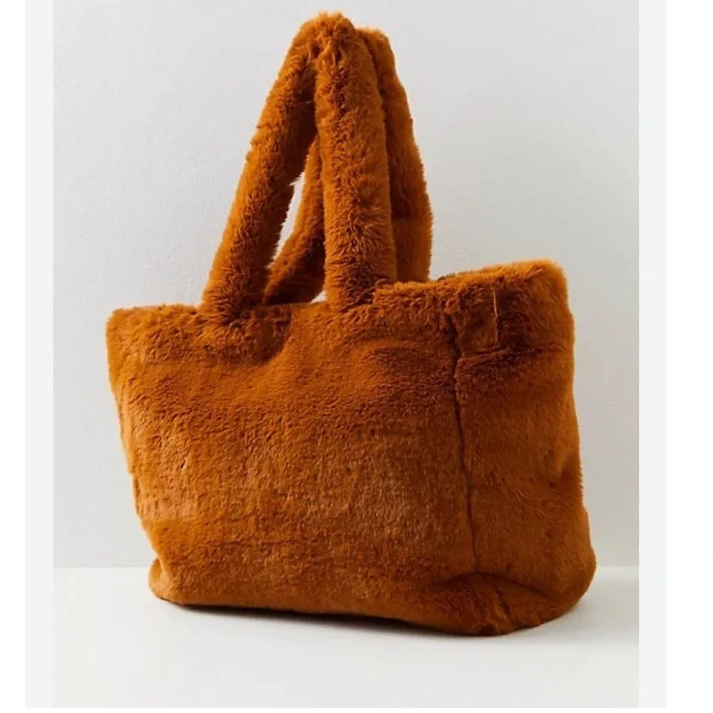 Free People Brown Tan Cozy Commuter Faux Fur Tote Bag NWT